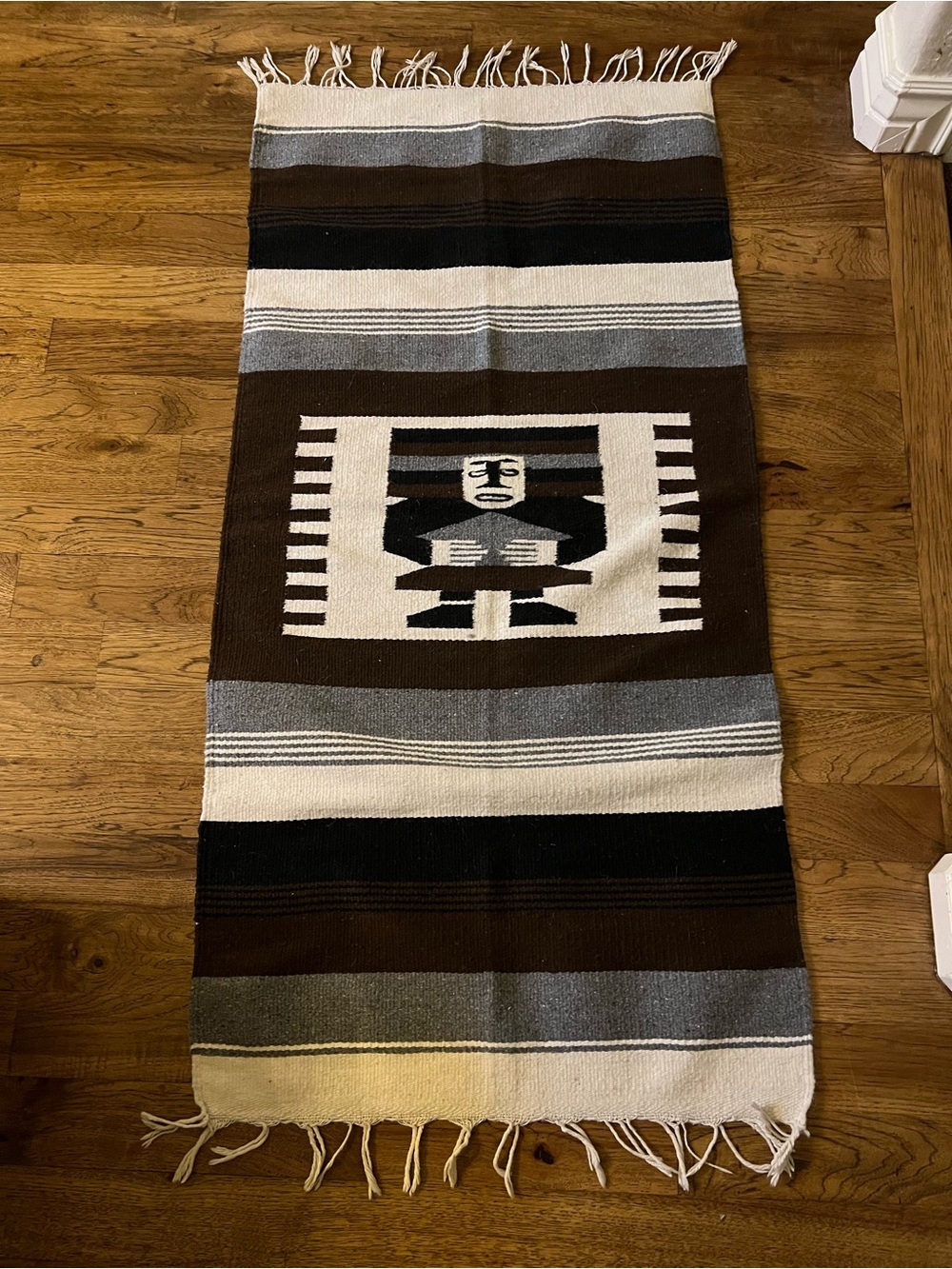 Handwoven Tribal Runner Rug in Brown, Black, White, Gray 52x25 GUC w tassels